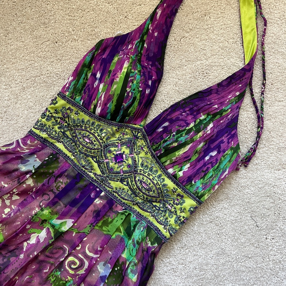 Halter Floral Print Beaded Waist Maxi Dress in Purple & Lime